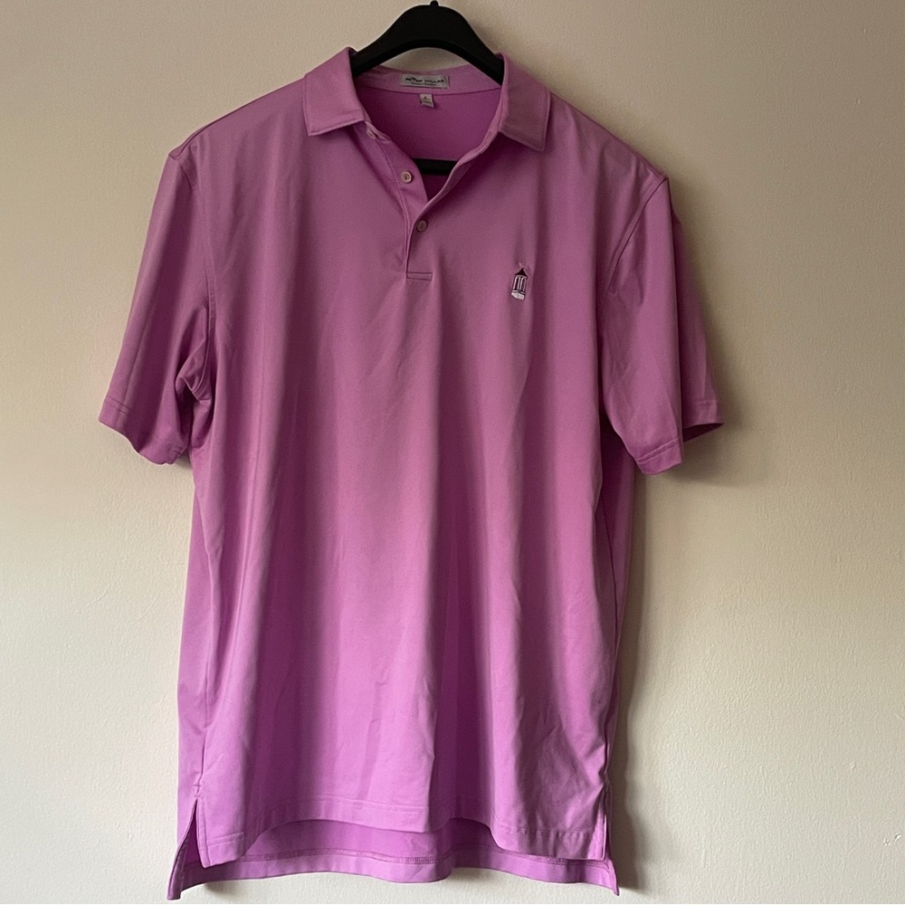 Peter Millar Summer Comfort Golf Polo‎ Shirt Men Large Pink logo UNC bell tower
